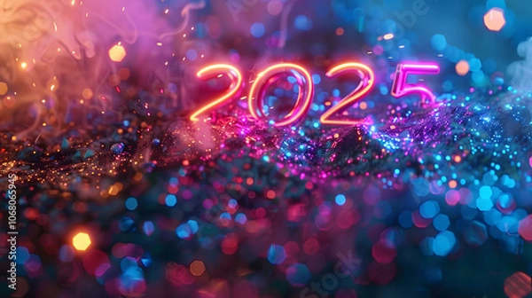 Fototapeta Happy new year 2025 colorful cinematic 3d render text design. Happy new year poster design. 2025 text design with cool cinematic style . on blue background