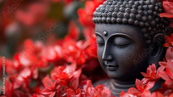 Fototapeta A serene Buddha statue surrounded by red flowers on a dark background, perfect for Vesak Day-themed banners, posters, or greeting cards celebrating Buddhist culture and spirituality.