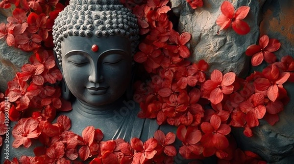 Fototapeta A serene Buddha statue surrounded by red flowers on a dark background, perfect for Vesak Day-themed banners, posters, or greeting cards celebrating Buddhist culture and spirituality.