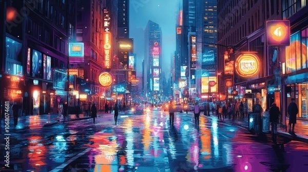 Fototapeta Vibrant City Street at Night with Neon Lights