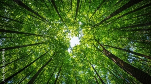 Fototapeta Canopy of lush green trees viewed from below