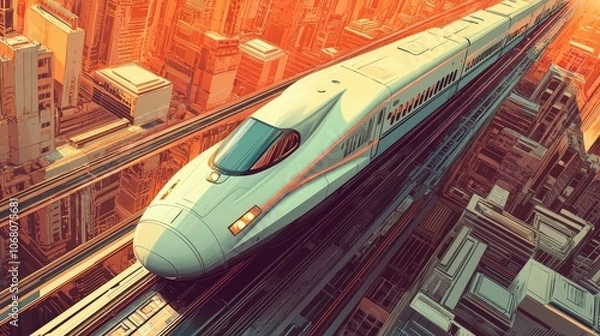 Fototapeta Futuristic High-Speed Train in a Cityscape Setting