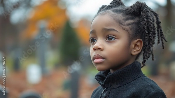 Fototapeta A sorrowful African American child stands at a funeral in a cemetery, reflecting on loss and grief during a burial.