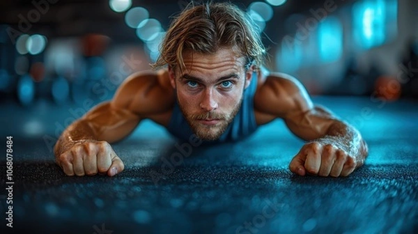Fototapeta Man doing push-ups in a gym.