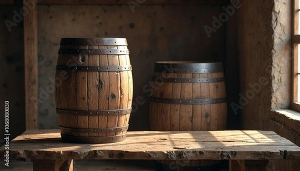 Obraz Old Oak Barrel and Rustic Table