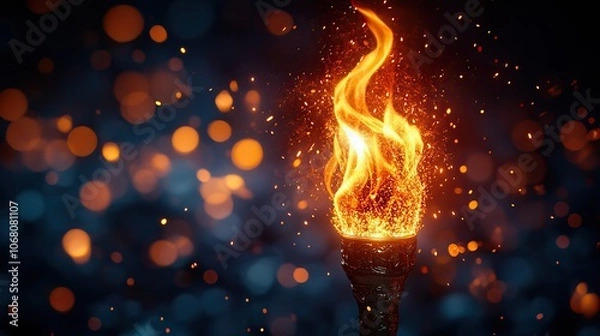 Fototapeta A symbolic torch with flames brightens a dark background filled with lights and sparks, capturing the powerful spirit of the Olympic Games' opening ceremony, ideal for victory banners.