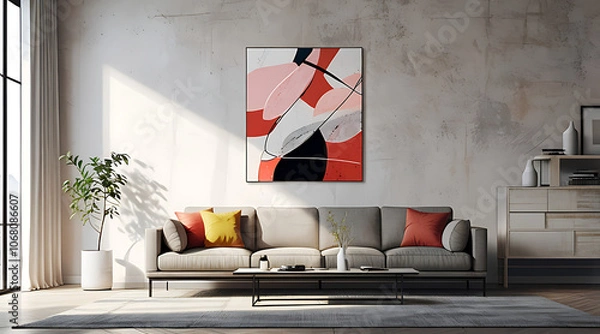 Fototapeta Artistic Mock-Up of a Modern Living Room with a Simple Sofa and Abstract Wall Art in a Minimal Setting