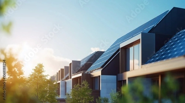 Fototapeta A row of modern townhouses with gray roofs and white walls, under the bright sun in an urban area The focus is on one house that has solar panels on its roof