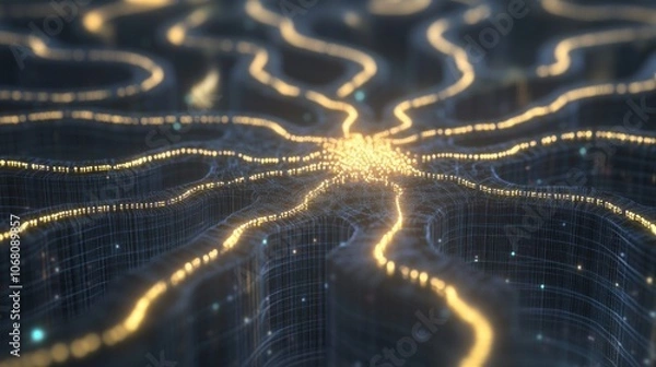 Fototapeta Artificial Intelligence network visualized as glowing neural pathways across a digital background.