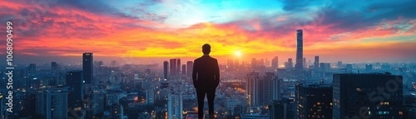 Fototapeta Businessman Overlooking Cityscape at Sunset with Vibrant Sky and Skyscrapers in Modern Urban Environment