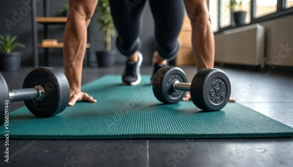 Obraz Burpee Setup with Yoga Mat and Dumbbells