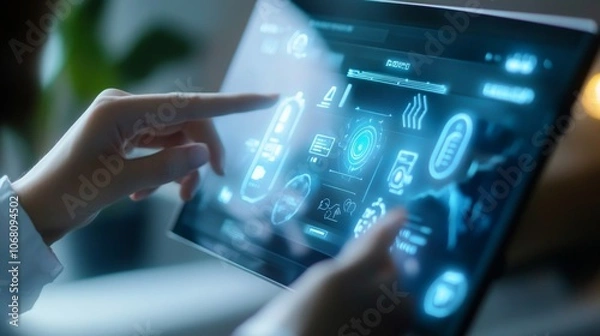 Fototapeta Virtual assistant powered by AI helping a user with daily tasks on a digital screen.