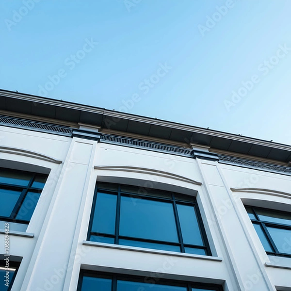 Fototapeta Low angle shot of a facade of a white modern building under a blue