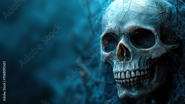 Fototapeta A Halloween design with a spider web and skeleton skull, showcased on a dark blue background, ideal for greeting cards, posters, or invitations with copy space.