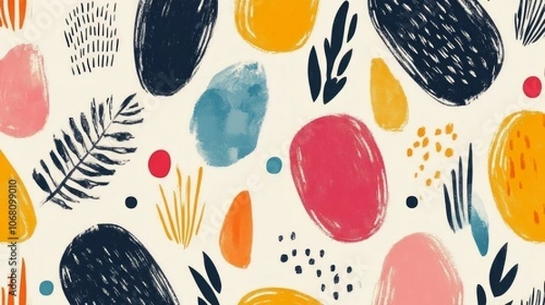 Fototapeta Abstract seamless pattern with colorful brush strokes, dots, and leaves on a white background.
