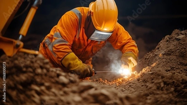 Fototapeta Welder working at night on a construction site the torch casting a bright light in the darkness illuminating the welding process and the skilled worker s hands at work