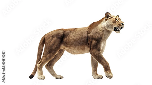 Fototapeta A large lion is walking across a white background