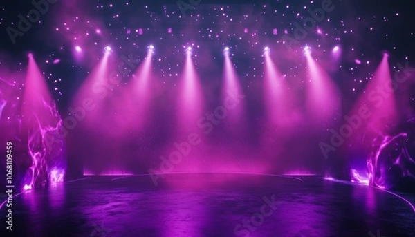 Obraz Futuristic Neon Stage. Modern Neon Light Stage with Reflective Floor. Cyberpunk Arena with Purple and Blue Neon Lights. Abstract 3D Neon Stage Background.