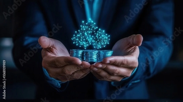 Obraz Hands holding glowing coins representing investment growth and financial success.