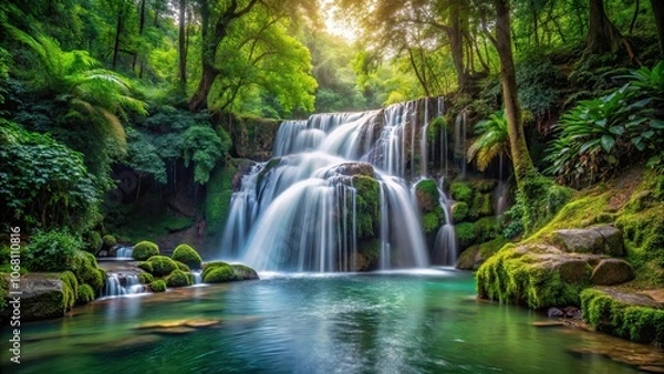 Fototapeta Serene waterfall cascading in lush forest setting, waterfall, forest, nature, peaceful, scenic, landscape, trees