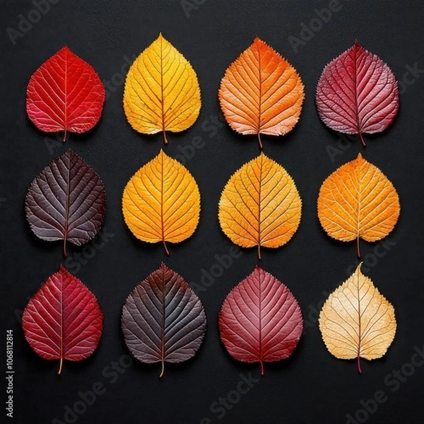 Fototapeta Colorful autumn leaves arranged in a grid on a dark background.