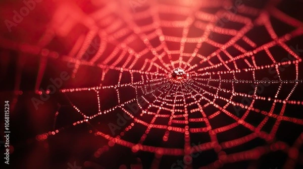 Fototapeta A red spider web glistening in the light on a dark background, designed for Halloween-themed posters, banners, or greeting cards with a spooky vibe.