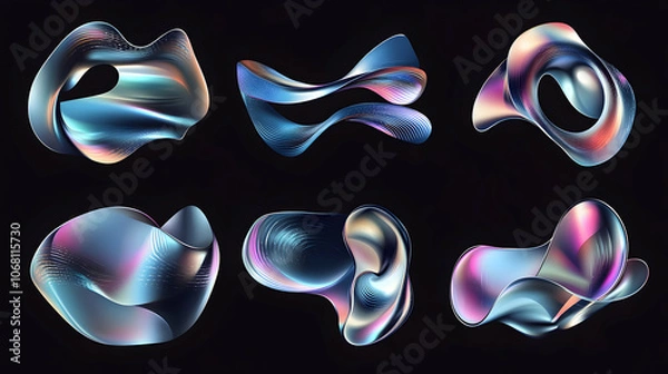 Fototapeta Abstract iridescent shapes with metallic texture on black background.