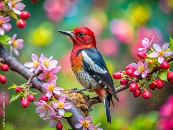 Fototapeta Surreal Scene of a Redbreasted Sapsucker on a Crabapple Branch Amidst a Dreamy Blurred Background, Capturing the Essence of Nature's Beauty in Vivid Colors