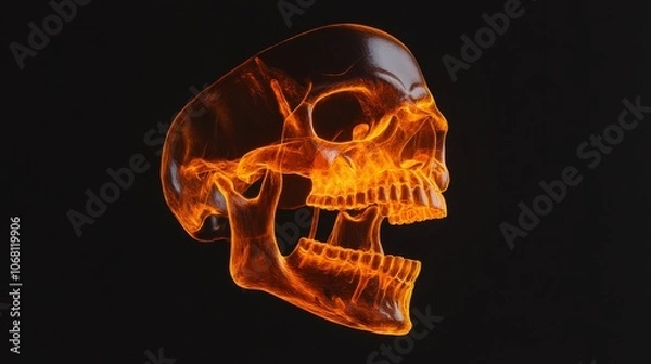 Fototapeta glowing mandible anatomy study, fluorescent orange highlights, crystalline bone detail, professional medical rendering, deep shadow contrast, sophisticated diagnostic imaging style