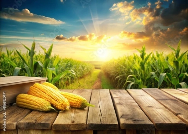Fototapeta Vibrant Sweet Corn Field with Wooden Table - Perfect Setting for Agriculture Branding and Text Placement in a 3D Illustration