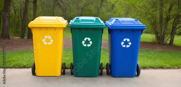 Obraz Colorful recycle bins promote environmental responsibility.