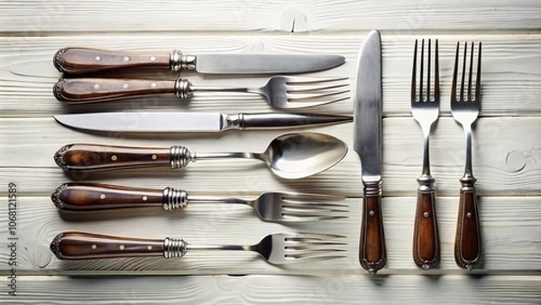 Obraz Vintage Style Photography of a Steel Kitchen Knife and Table Cutlery Set Isolated on a White Background, Perfect for Culinary and Kitchenware Stock Images