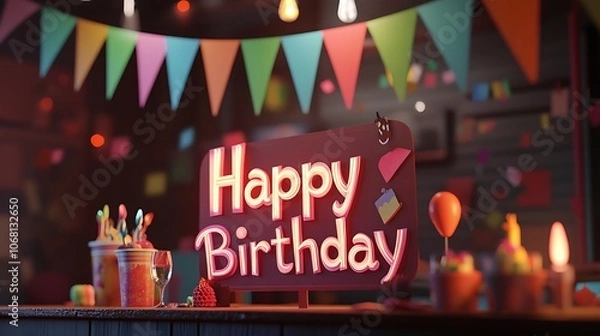 Fototapeta Festive "Happy Birthday" paper cutout letters with colorful pennants hanging across the top, bright and cheerful lighting, realistic paper textures, detailed shadows, hd quality. --ar 16:9