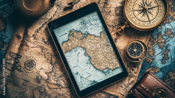 Obraz Vintage Map Tablet Compass Exploration Travel Adventure