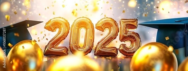 Fototapeta  Graduation caps and golden balloons surround the shimmering year 2025, creating a festive atmosphere adorned with sparkling confetti 