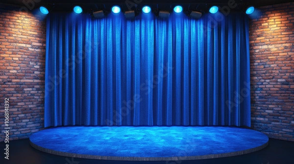 Fototapeta Small stage setup with blue curtains and modern brick wall, ideal for theater or stand-up comedy background