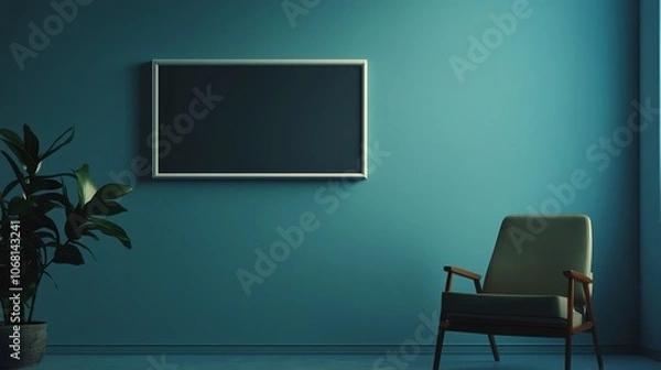 Fototapeta Stylish living room corner with teal walls, modern chair, and potted plant during daylight hours