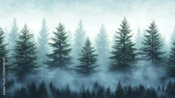 Fototapeta A misty forest landscape with tall evergreen trees and a serene atmosphere.