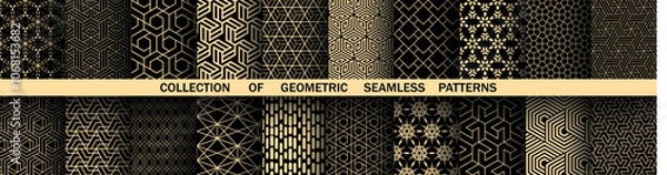 Fototapeta Geometric set of seamless black and golden patterns. Simple vector graphics