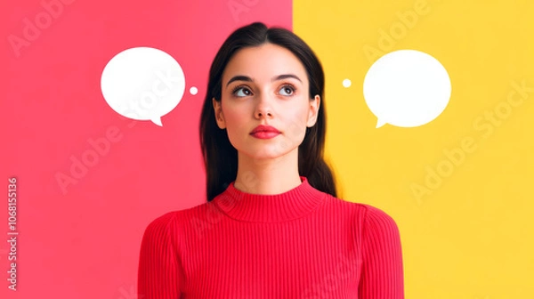 Fototapeta Woman contemplates choices while surrounded by colorful speech bubbles for creative expression and communication