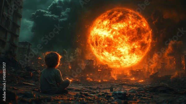 Obraz A solitary boy sits amidst urban destruction as monstrous storms wreak havoc in a nightmarish scene brought on by the relentless rise in global temperatures