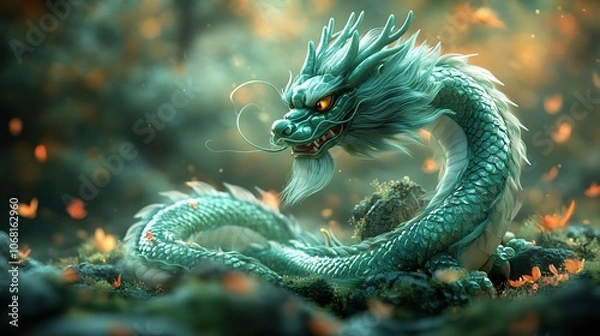 Fototapeta A green Chinese dragon on a blurred background representing the year of the dragon in China and Eastern Asia, one of the zodiac signs, for the 2024 new year celebration.