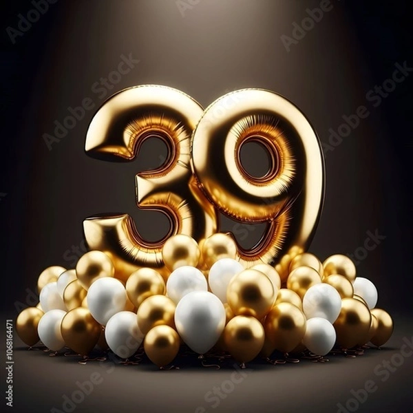 Obraz  the text "39" written on it in bold, surrounded by golden and white balloons