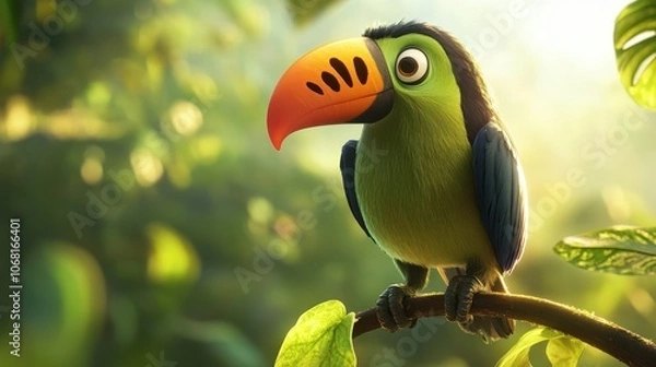 Fototapeta Bright Green Bird Perched on Vine in Soft Light