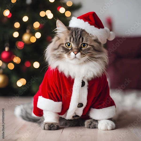 Obraz Cat in Santa costume, Christmas cat, Festive pet, Holiday pet costume, Santa outfit cat, Cute Christmas animal, Holiday season pet, Santa hat cat, Festive cat photo, Christmas pet portrait