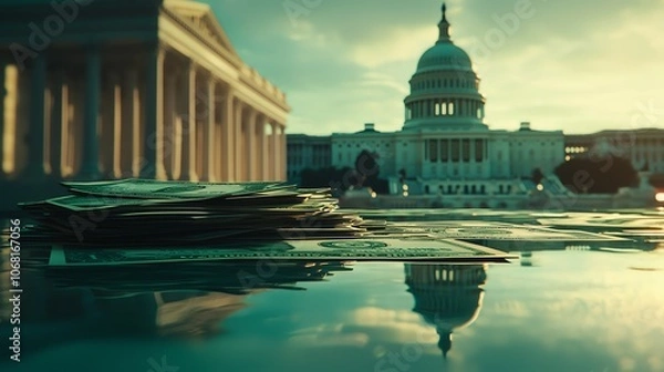 Fototapeta A stack of money in front of the U.S. Capitol during golden hour, reflecting the values of democracy and finance