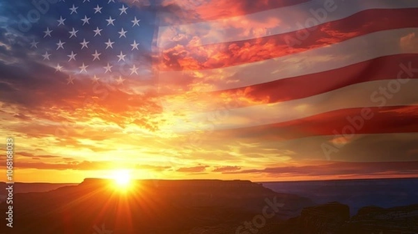 Fototapeta Majestic sunset over the canyon with American flag highlighting a serene landscape in the evening sky