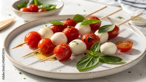 Fototapeta Caprese skewers with tomatoes and mozzarella on white plate