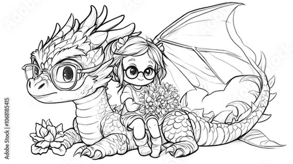 Fototapeta Cute little fairy with dragon. Black and white vector illustration.