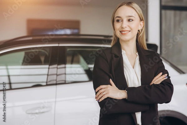 Obraz Young smiling woman consultant in show room standing near car with copy space